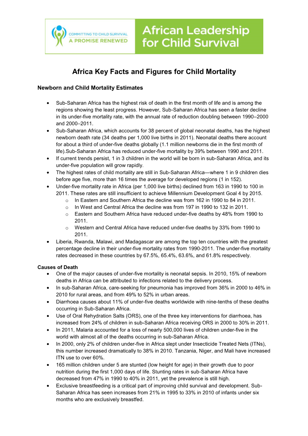 Africa Key Facts and Figures for Child Mortality