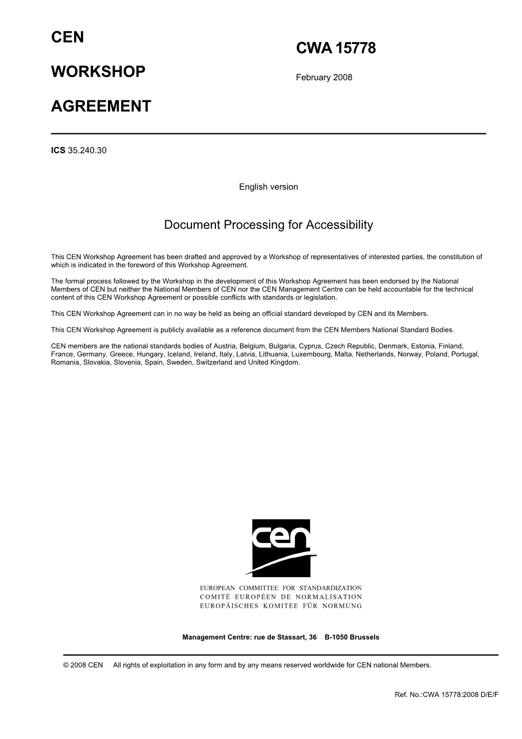 Cen Cwa 15778 Workshop Agreement