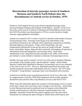 Deterioration of Intercity Passenger Service in Southern Montana and Southern North Dakota Since the Discontinuance of Amtrak Service in October, 1979