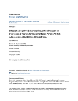 Effect of a Cognitive-Behavioral Prevention Program on Depression 6 Years After Implementation Among At-Risk Adolescents: a Randomized Clinical Trial