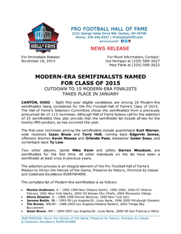 Modern-Era Semifinalsts Named for Class of 2015 Cutdown to 15 Modern-Era Finalists Takes Place in January