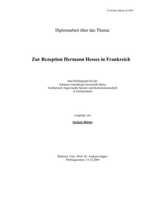 Zur Rezeption Hermann Hesses in Frankreich