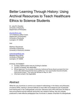 Using Archival Resources to Teach Healthcare Ethics to Science Students