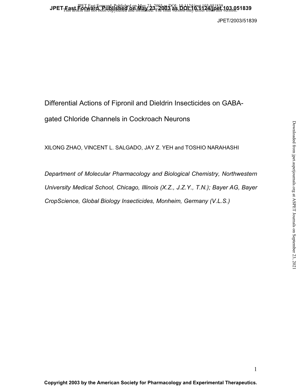 Differential Actions of Fipronil and Dieldrin Insecticides on GABA