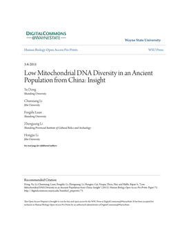 Low Mitochondrial DNA Diversity in an Ancient Population from China: Insight Yu Dong Shandong University
