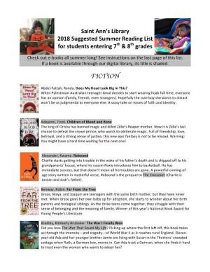 Saint Ann's Library 2018 Suggested Summer Reading List for Students