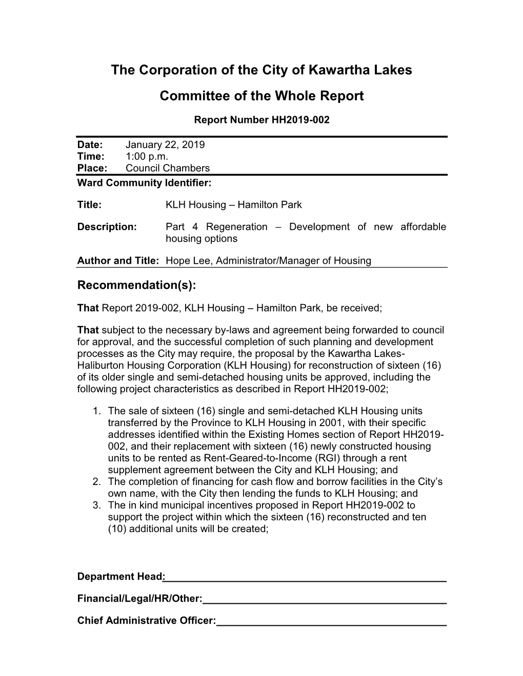 The Corporation of the City of Kawartha Lakes Committee of the Whole Report