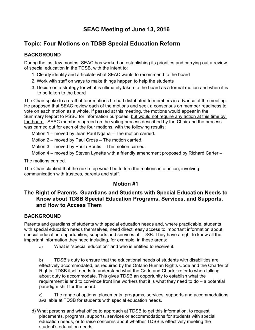 Topic: Four Motions on TDSB Special Education Reform