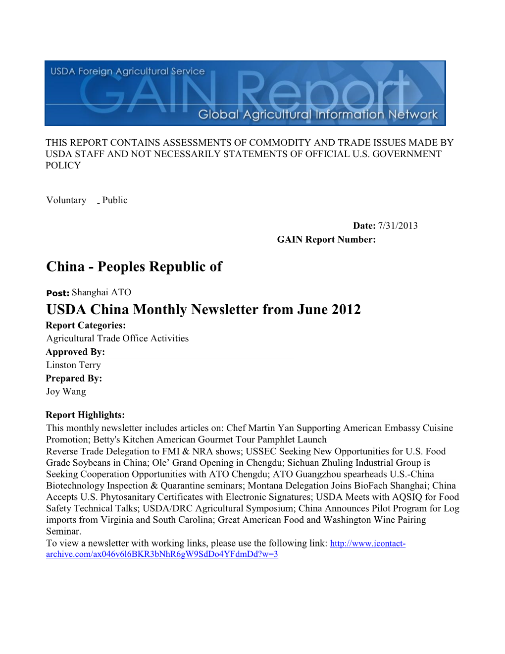 USDA China Monthly Newsletter from June 2012 China