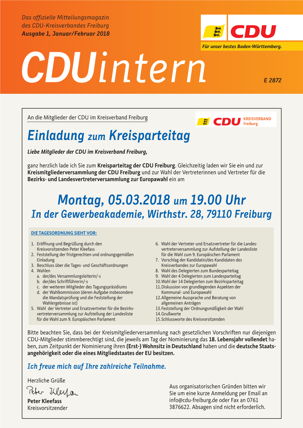 Einladung Zum Kreisparteitag Montag, 05.03.2018 Um 19.00