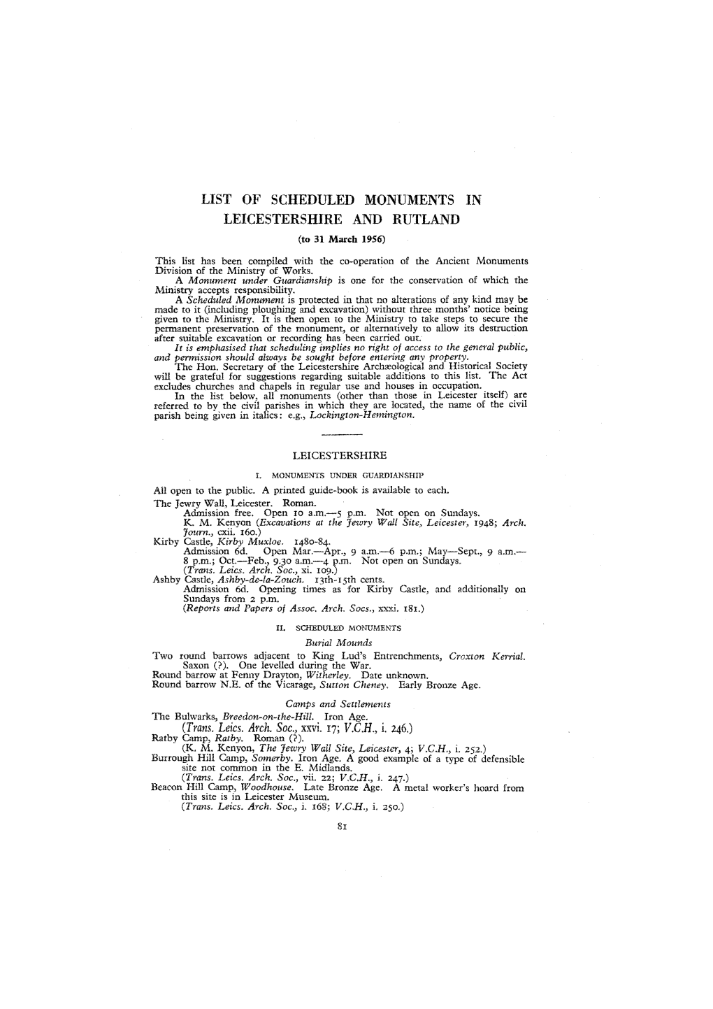 LIST of SCHEDULED MONUMENTS in LEICESTERSHIRE and RUTLAND (To 31 March 1956)