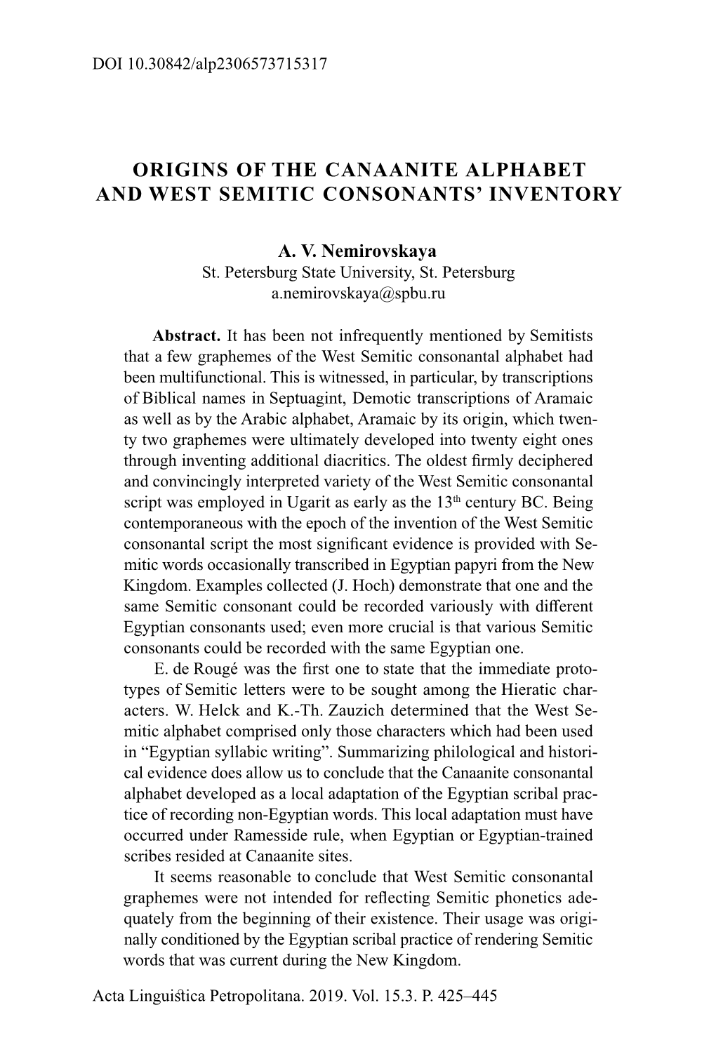Origins of the Canaanite Alphabet and West Semitic Consonants' Inventory