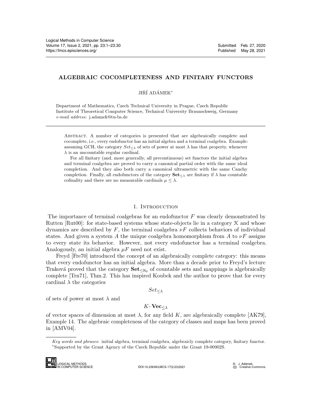 Algebraic Cocompleteness and Finitary Functors