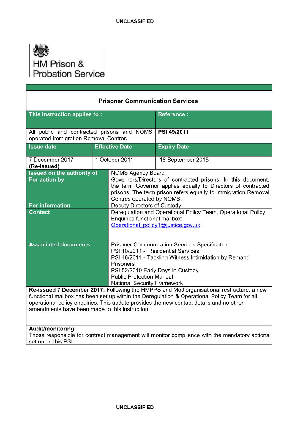 PSI 49/2011 UNCLASSIFIED Re-Issued 07/12/2017