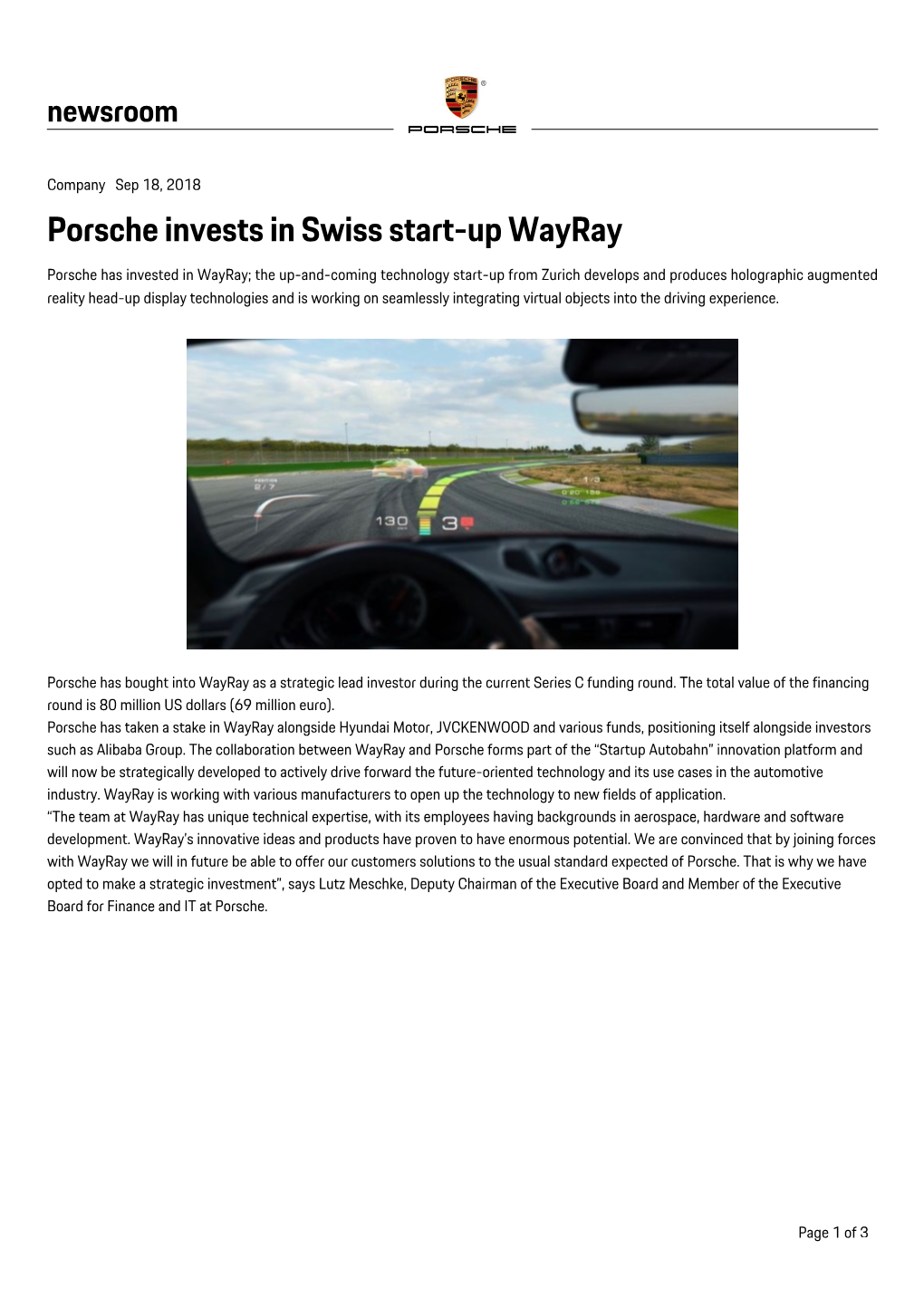 Porsche Invests in Swiss Start-Up Wayray