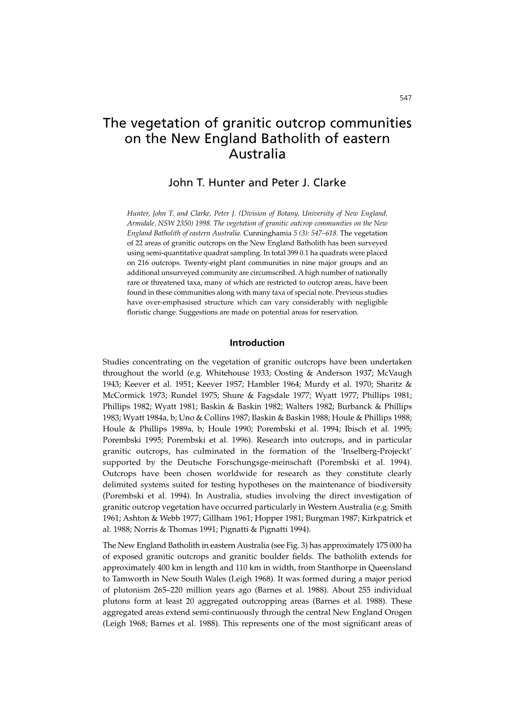 The Vegetation of Granitic Outcrop Communities on the New England Batholith of Eastern Australia