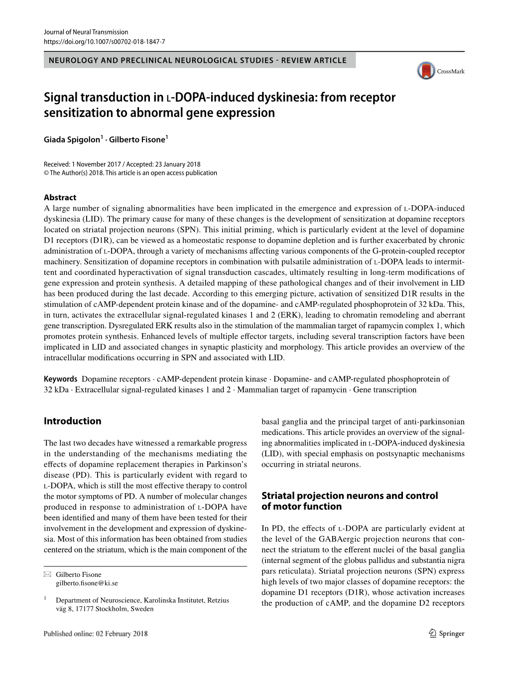 Signal Transduction in L-DOPA-Induced Dyskinesia: from Receptor Sensitization to Abnormal… Et Al