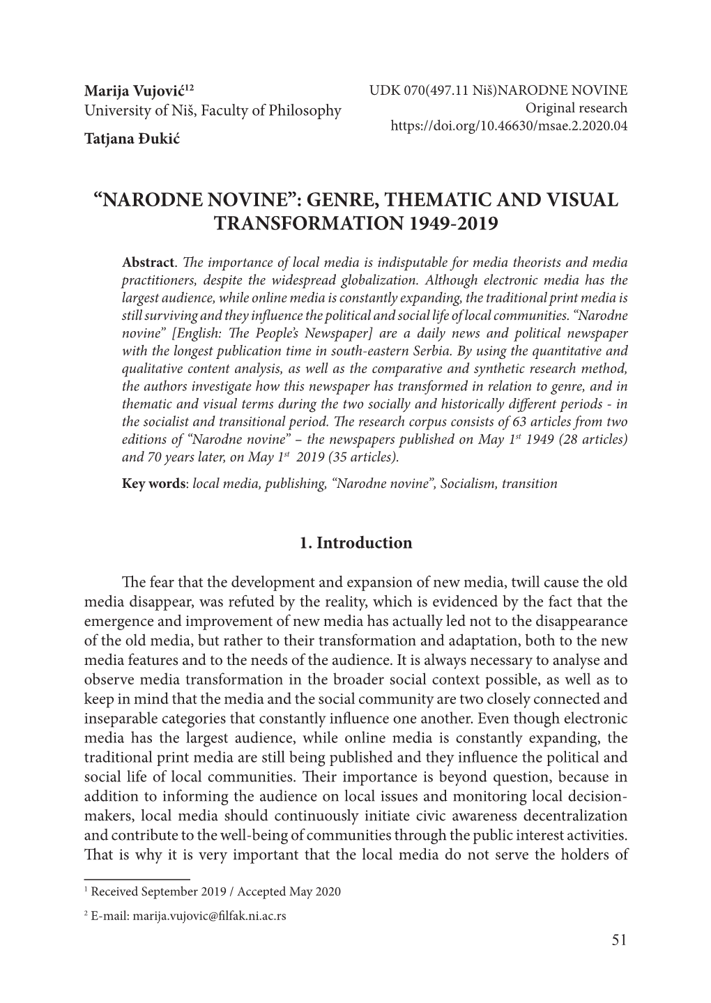 “Narodne Novine”: Genre, Thematic and Visual Transformation 1949-2019