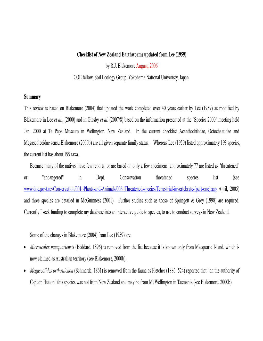 Checklist of New Zealand Earthworms Updated from Lee (1959) by R.J