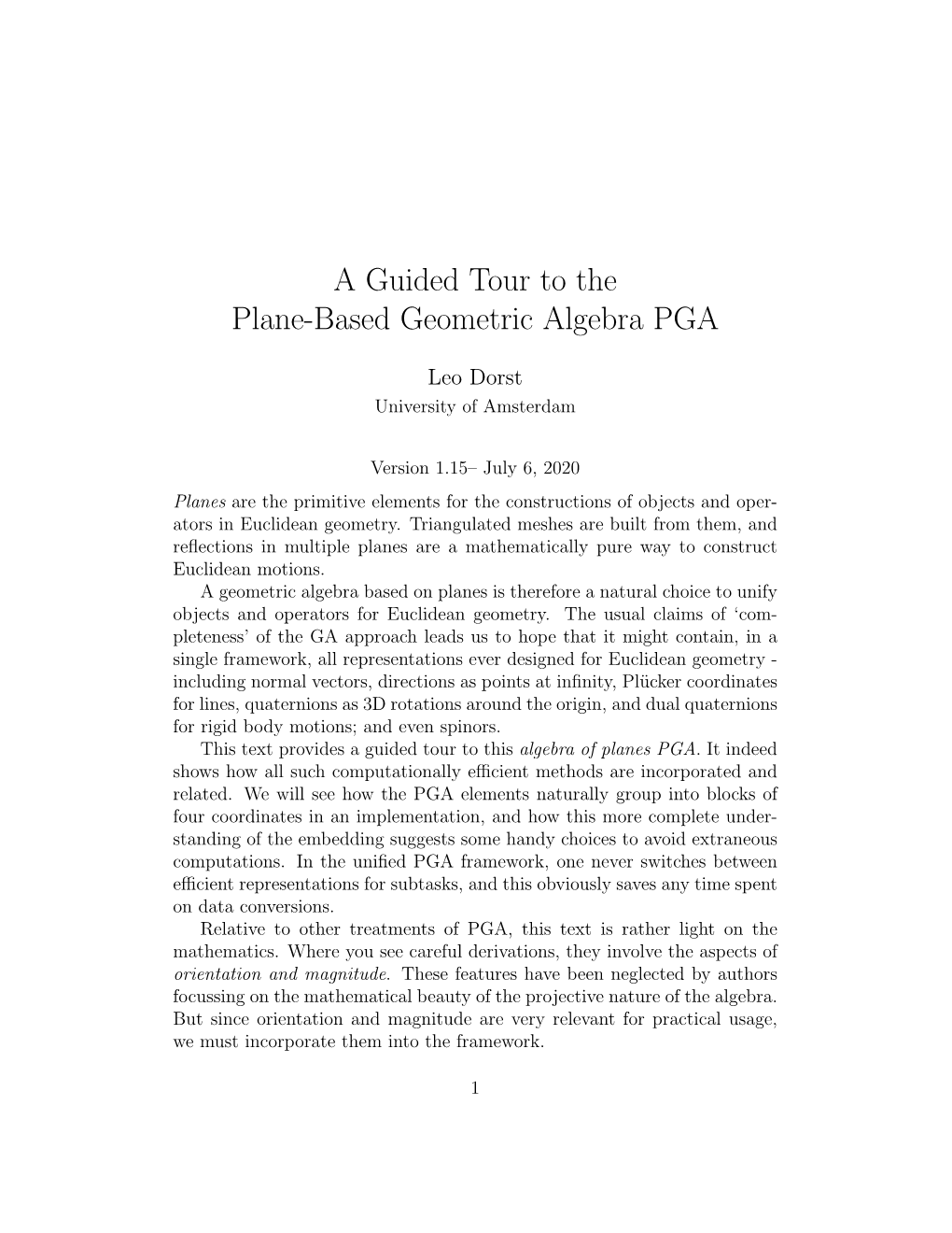 A Guided Tour to the Plane-Based Geometric Algebra PGA