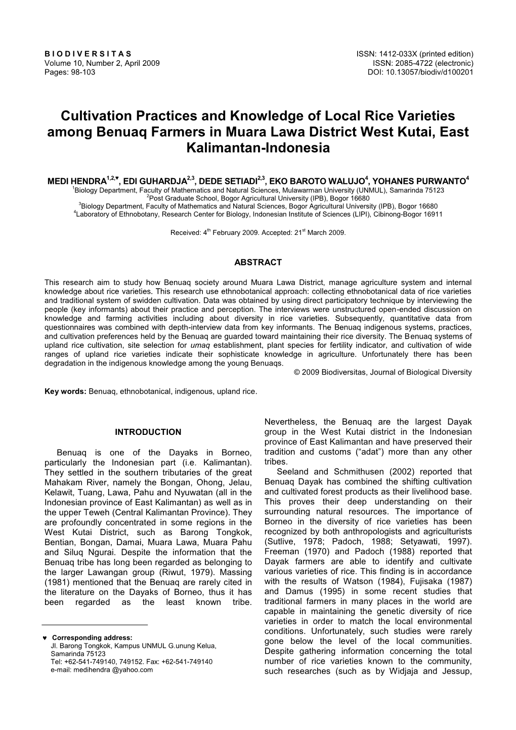 Cultivation Practices and Knowledge of Local Rice Varieties Among Benuaq Farmers in Muara Lawa District West Kutai, East Kalimantan-Indonesia
