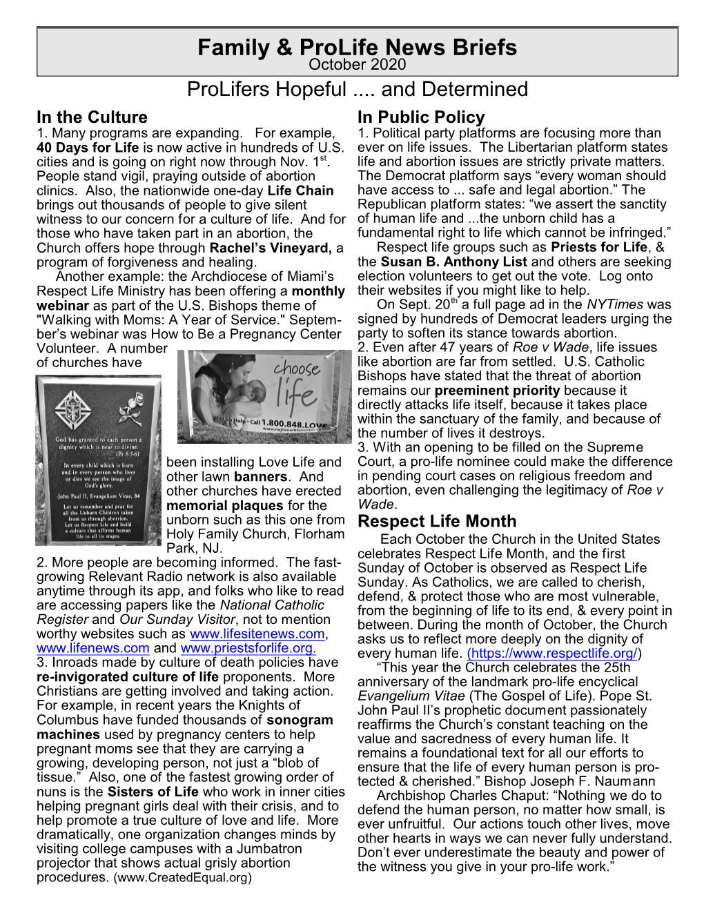 Family & Prolife News Briefs