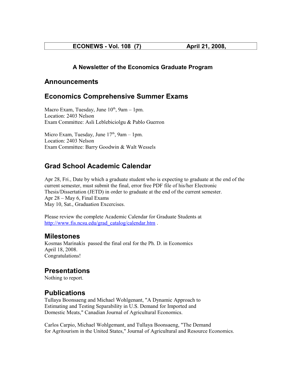 A Newsletter of the Economics Graduate Program