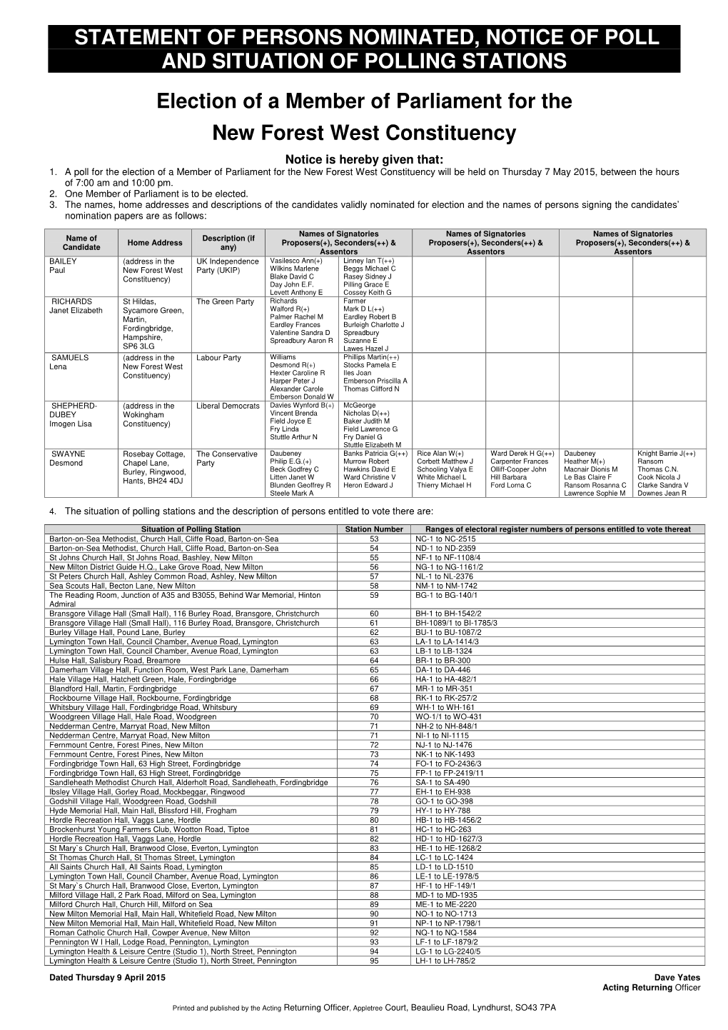 Statement of Persons Nominated, Notice of Poll and Situation of Polling Stations