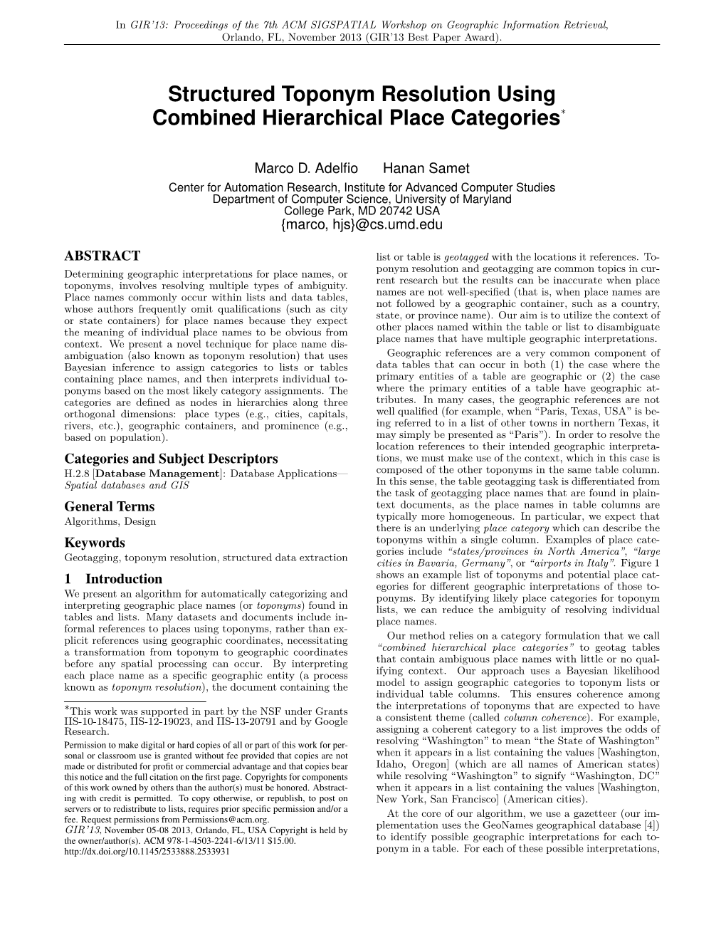 Structured Toponym Resolution Using Combined Hierarchical Place Categories∗