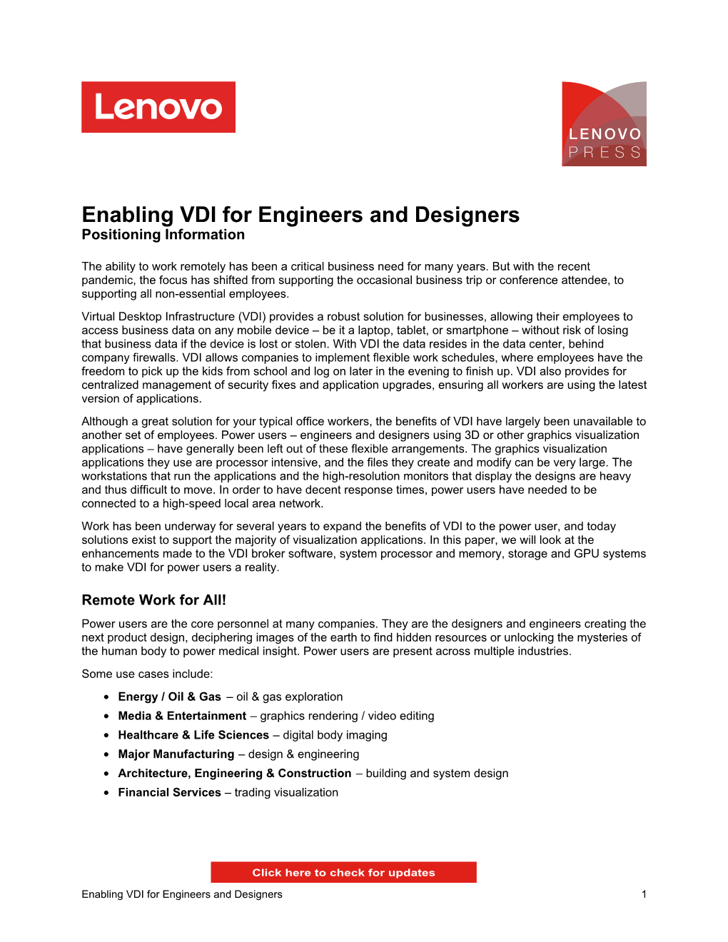 Enabling VDI for Engineers and Designers Positioning Information