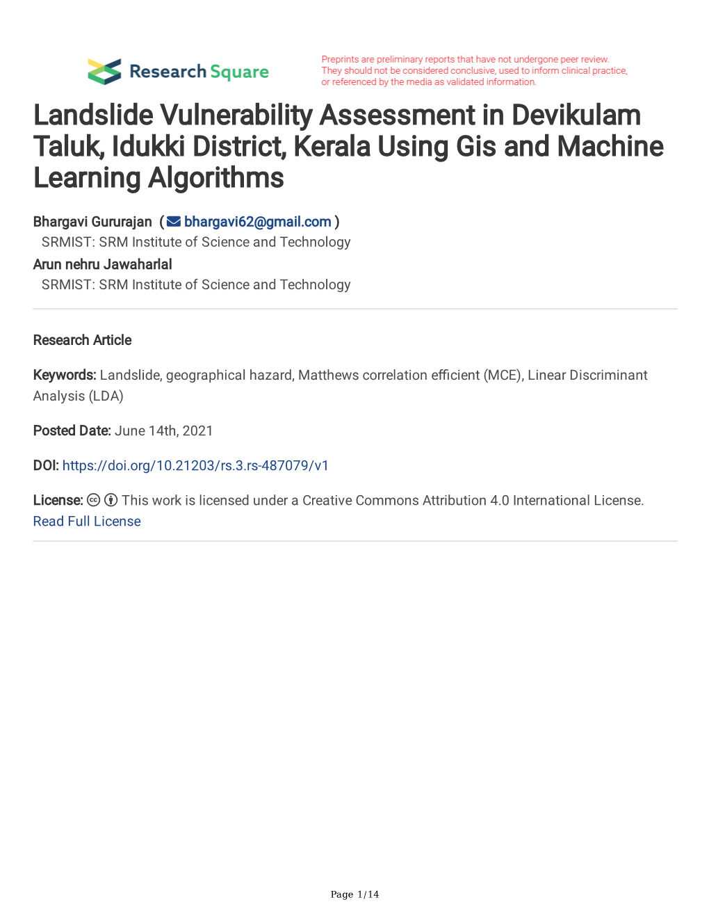 Landslide Vulnerability Assessment in Devikulam Taluk, Idukki District, Kerala Using Gis and Machine Learning Algorithms
