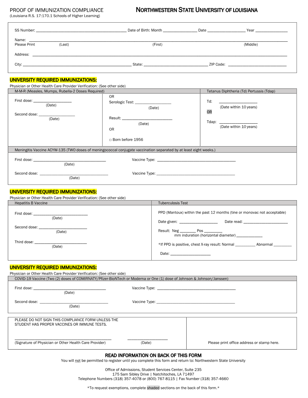 PROOF of IMMUNIZATION COMPLIANCE NORTHWESTERN STATE UNIVERSITY of LOUISIANA (Louisiana R.S