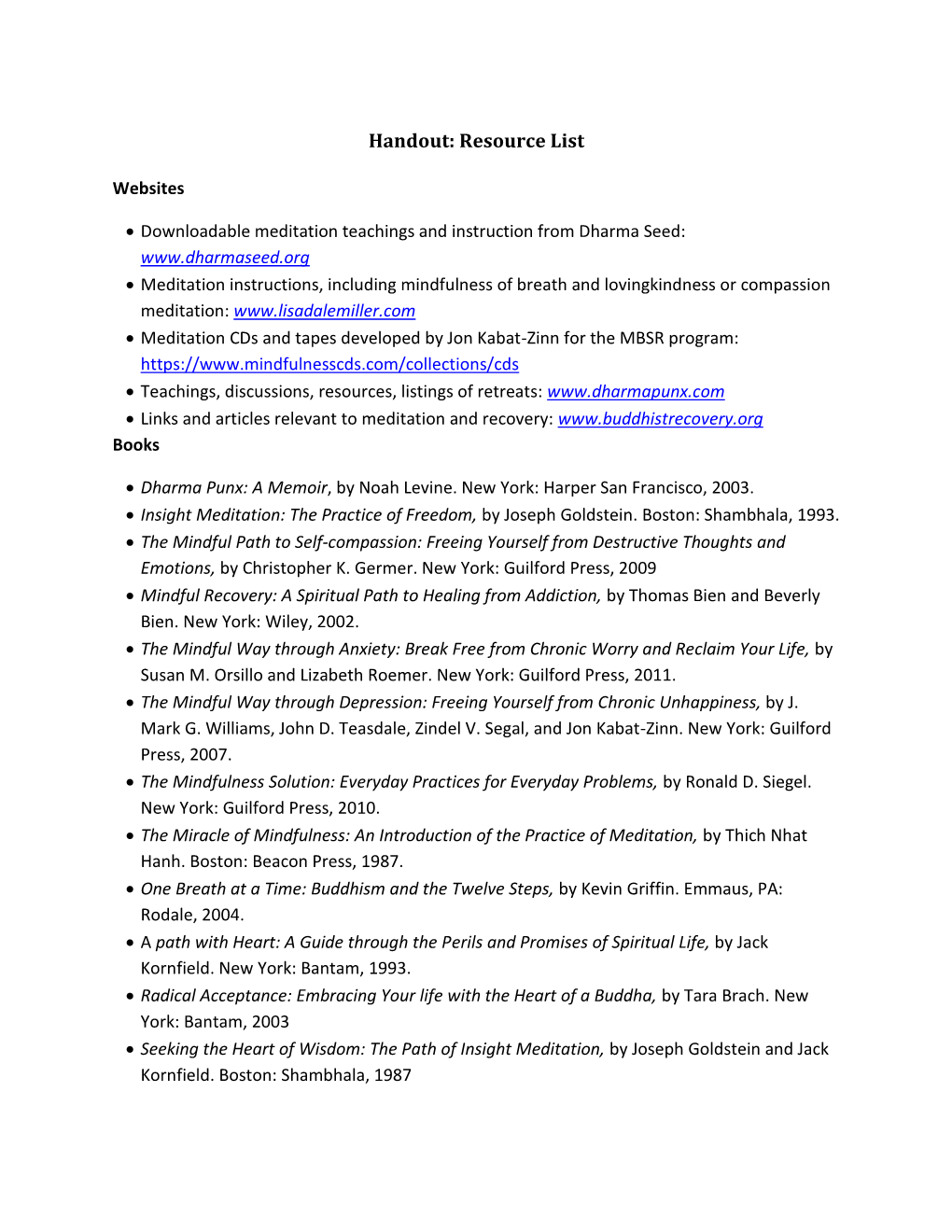 Handout: Resource List