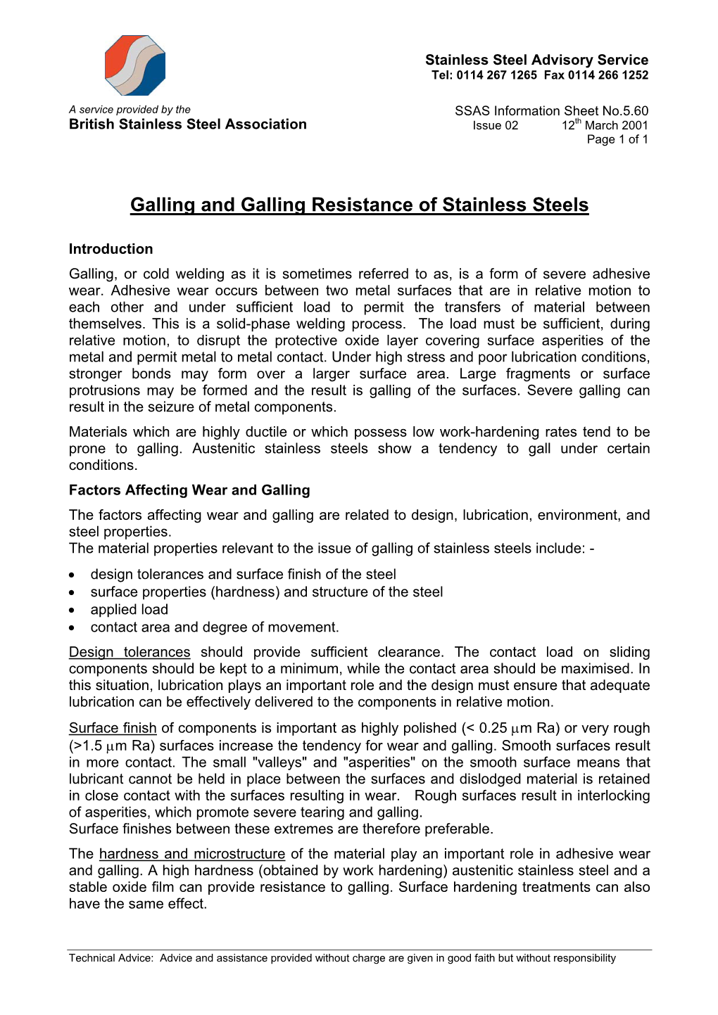 Galling and Galling Resistance of Stainless Steels