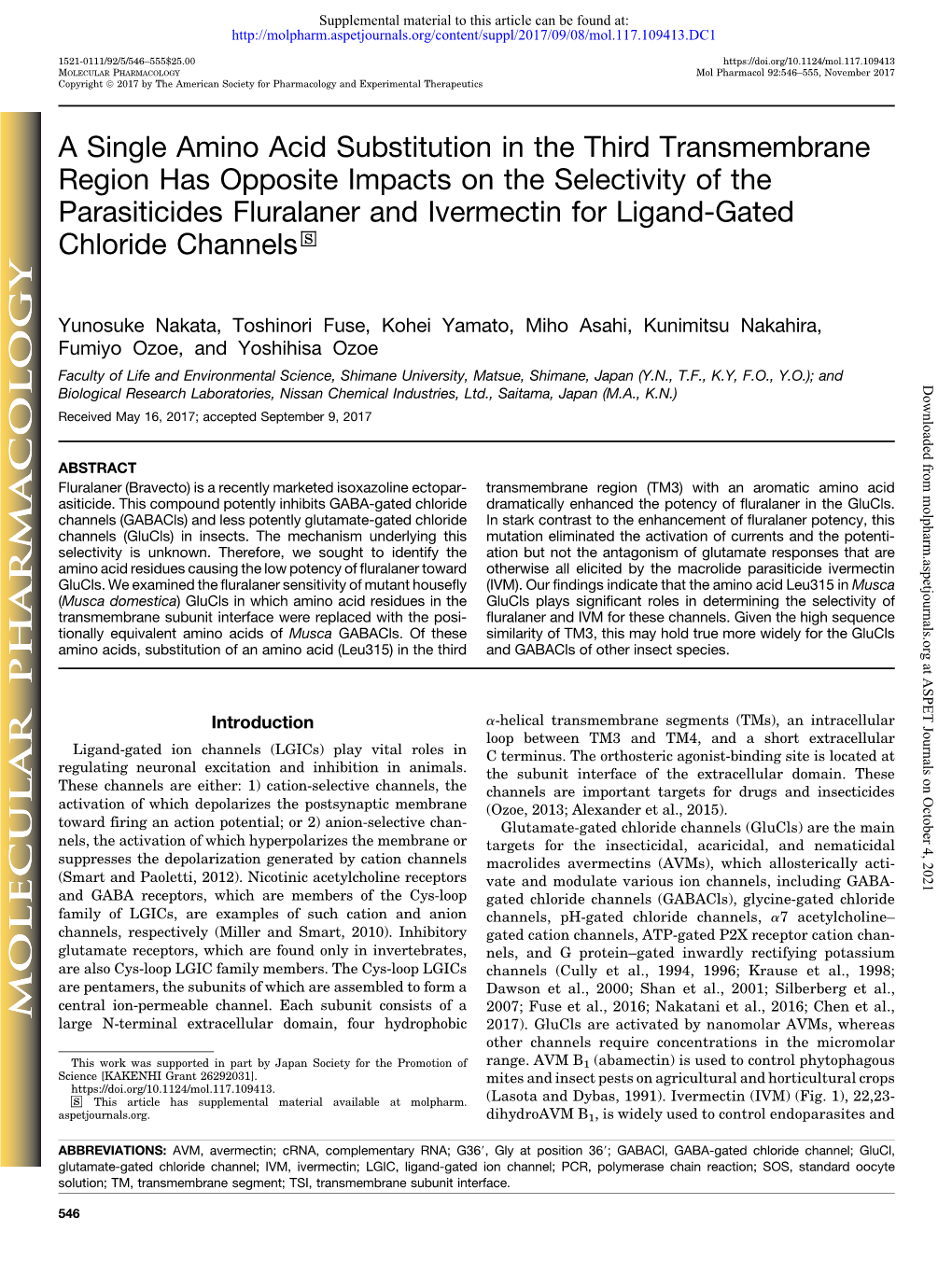 A Single Amino Acid Substitution in the Third Transmembrane Region Has Opposite Impacts on the Selectivity of the Parasiticides