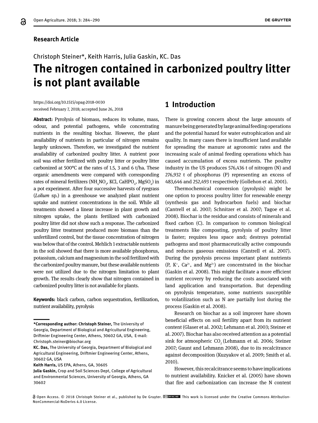 The Nitrogen Contained in Carbonized Poultry Litter Is Not Plant Available