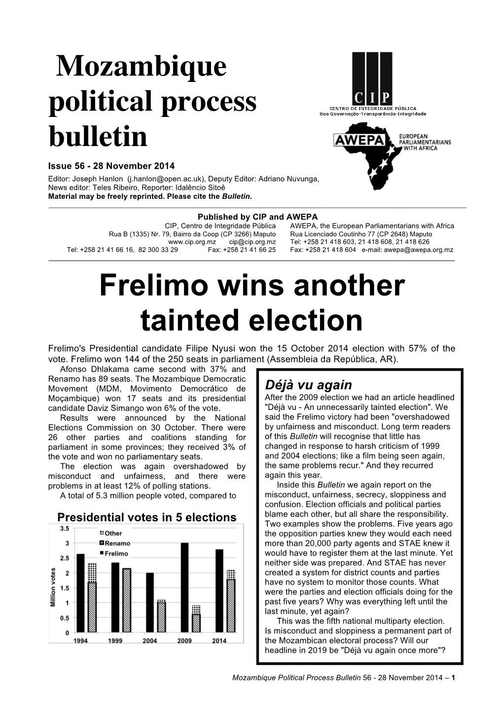 Mozambique Political Process Bulletin Frelimo Wins Another Tainted Election