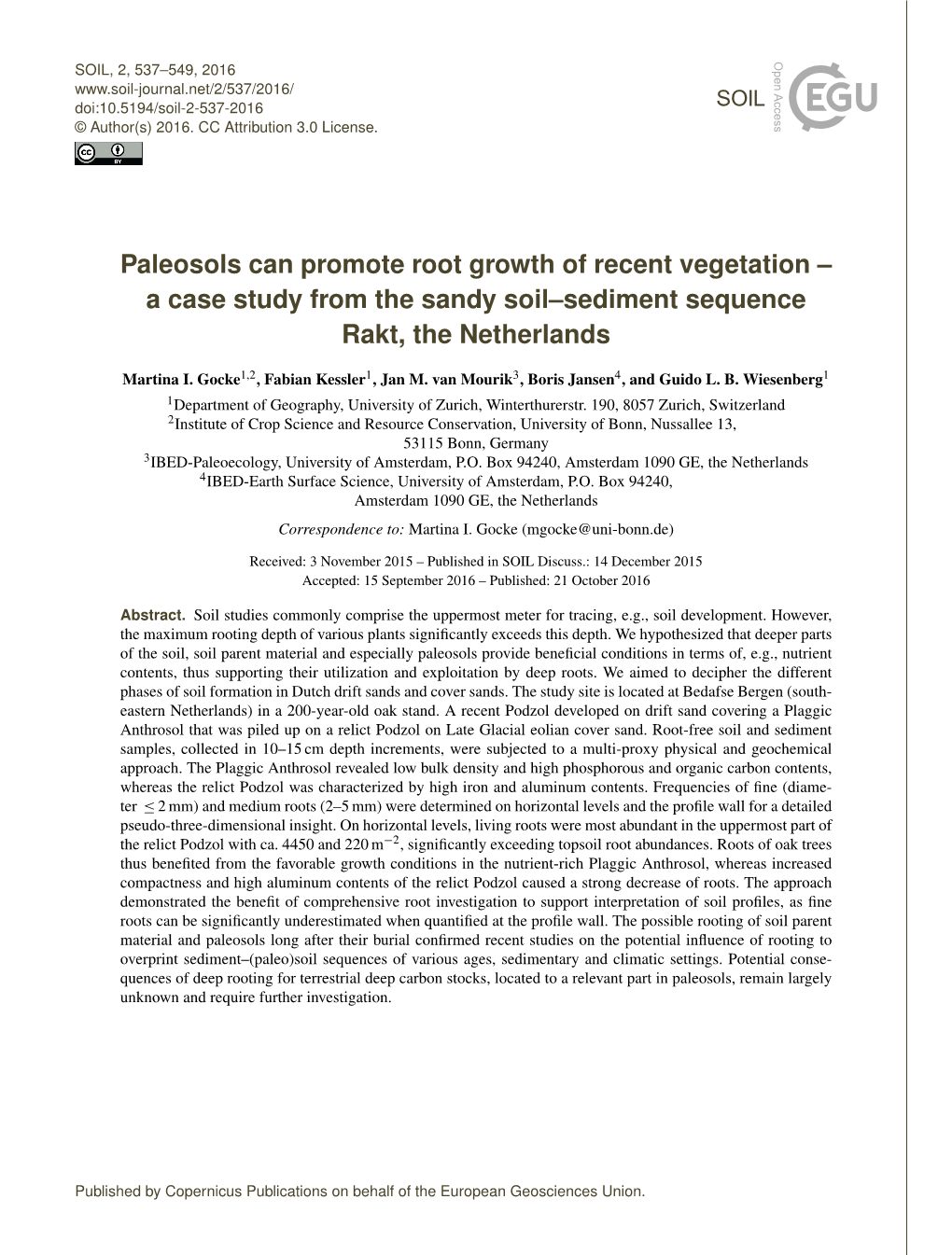 Paleosols Can Promote Root Growth of Recent Vegetation – a Case Study from the Sandy Soil–Sediment Sequence Rakt, the Netherlands