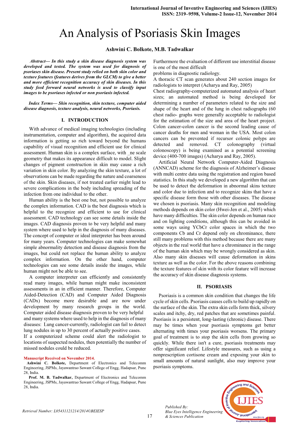 An Analysis of Psoriasis Skin Images