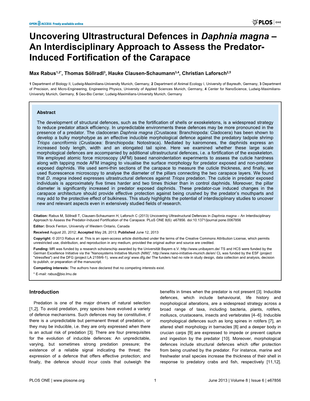 Uncovering Ultrastructural Defences in Daphnia Magna – an Interdisciplinary Approach to Assess the Predator- Induced Fortification of the Carapace