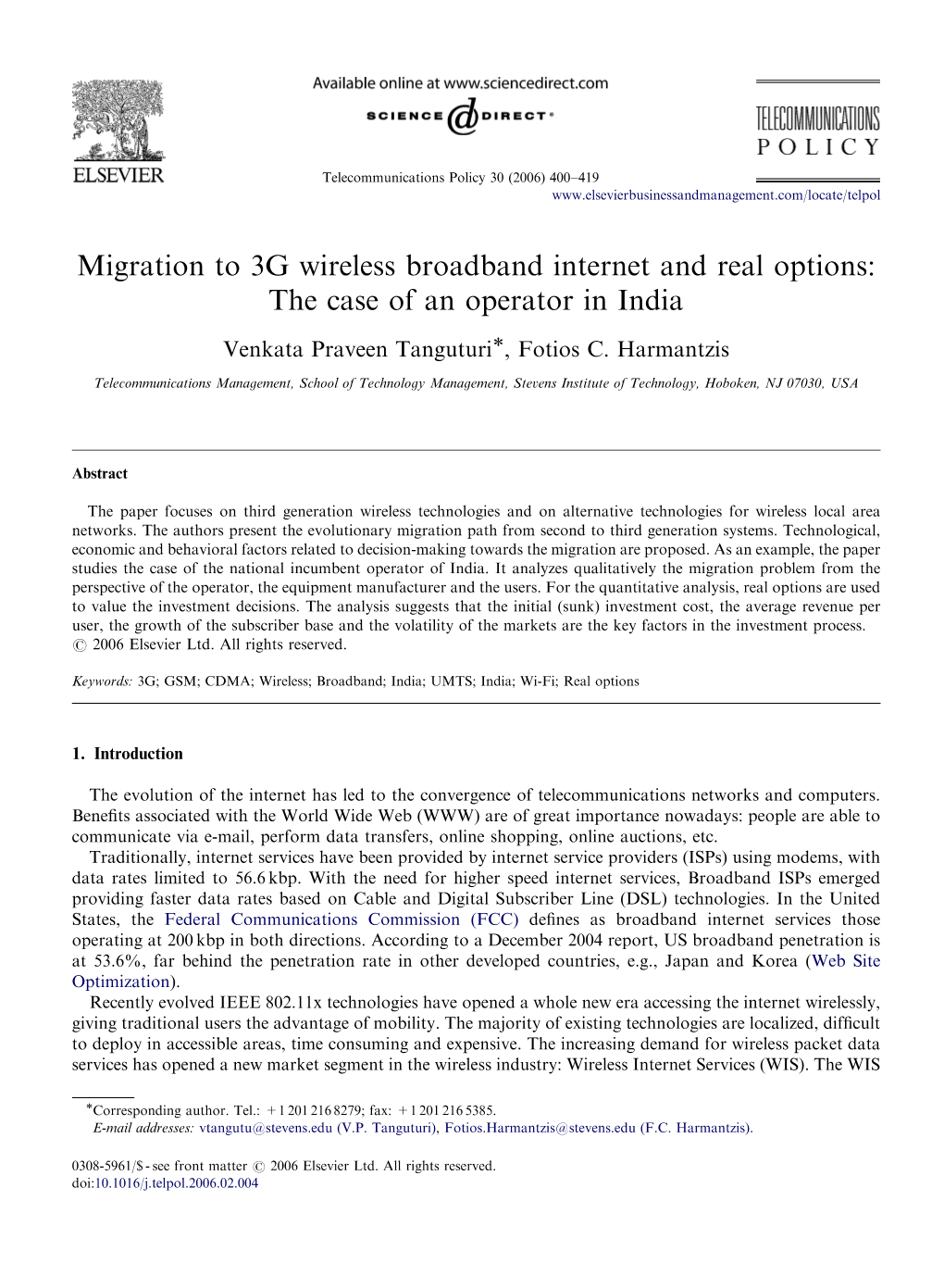 Migration to 3G Wireless Broadband Internet and Real Options: the Case of an Operator in India