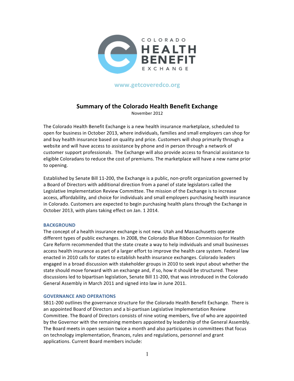 Summary of the Colorado Health Benefits Exchange