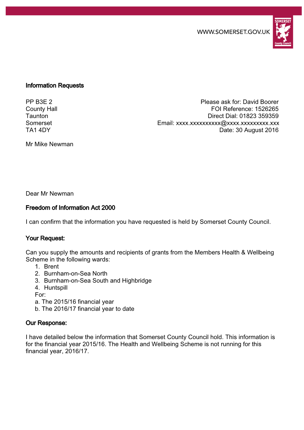 Information Requests PP B3E 2 County Hall Taunton Somerset TA1