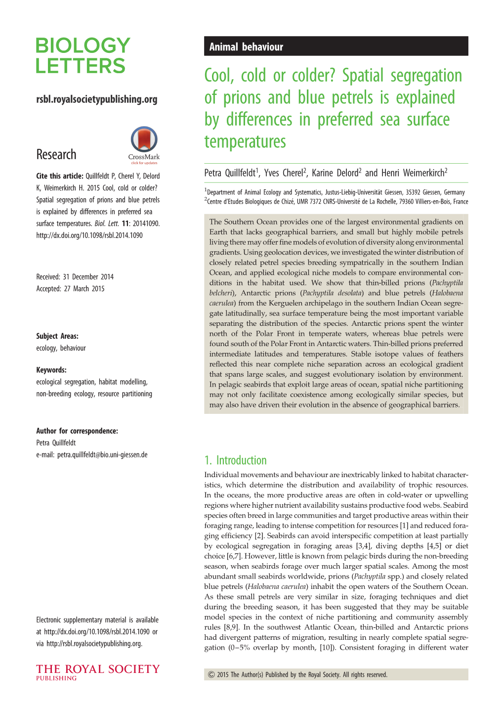 Spatial Segregation of Prions and Blue Petrels Is Explained by Differences in Preferred Sea Surface Temper