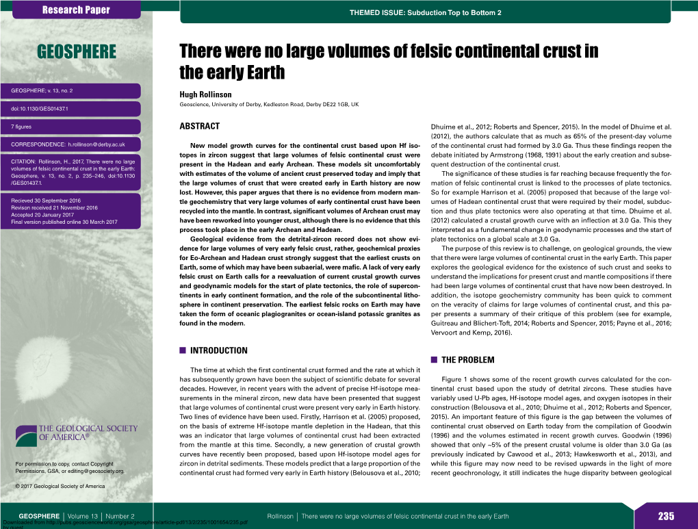 There Were No Large Volumes of Felsic Continental Crust in the Early Earth GEOSPHERE; V