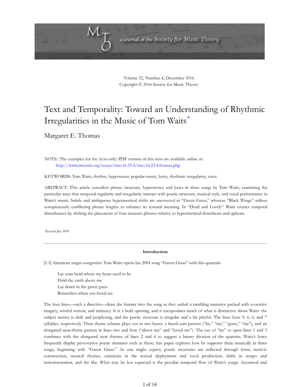 MTO 22.4: Thomas, Text and Temporality