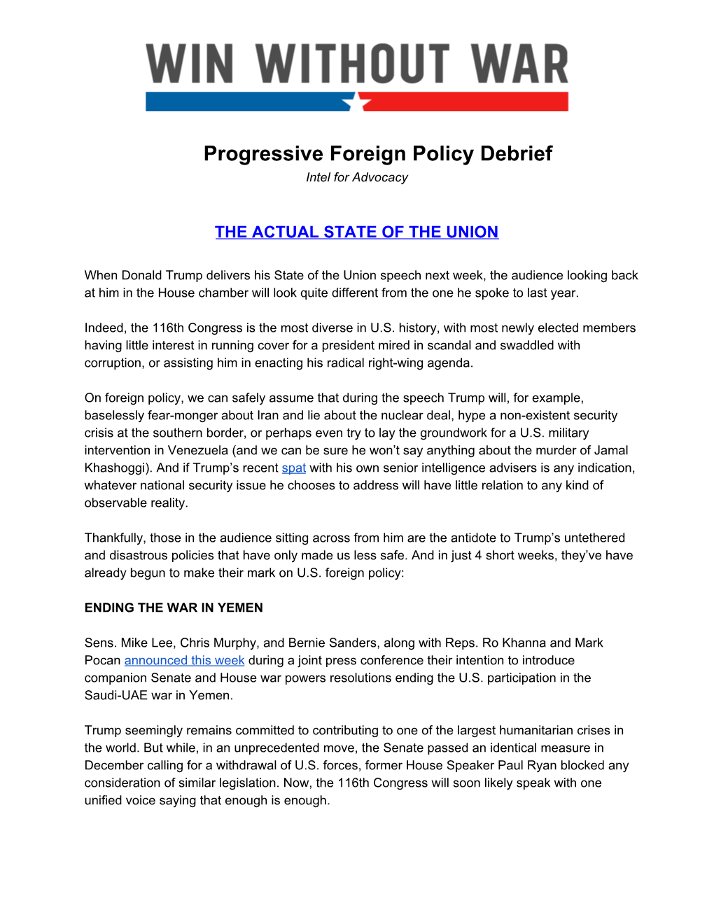 Progressive Foreign Policy Debrief Intel for Advocacy