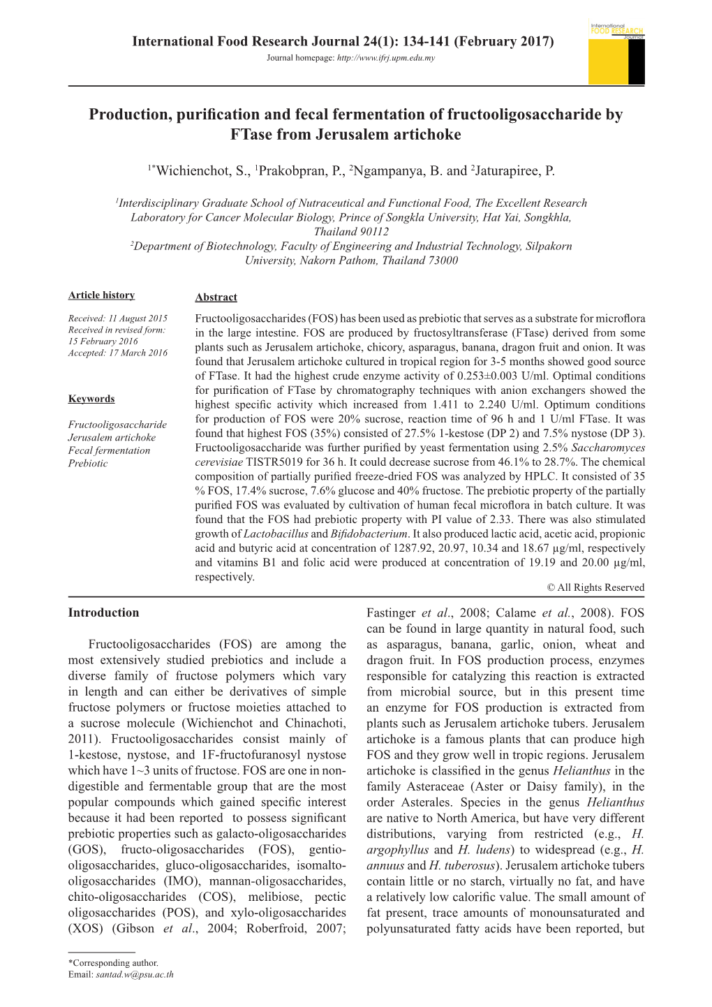 Production, Purification and Fecal Fermentation of Fructooligosaccharide by Ftase from Jerusalem Artichoke