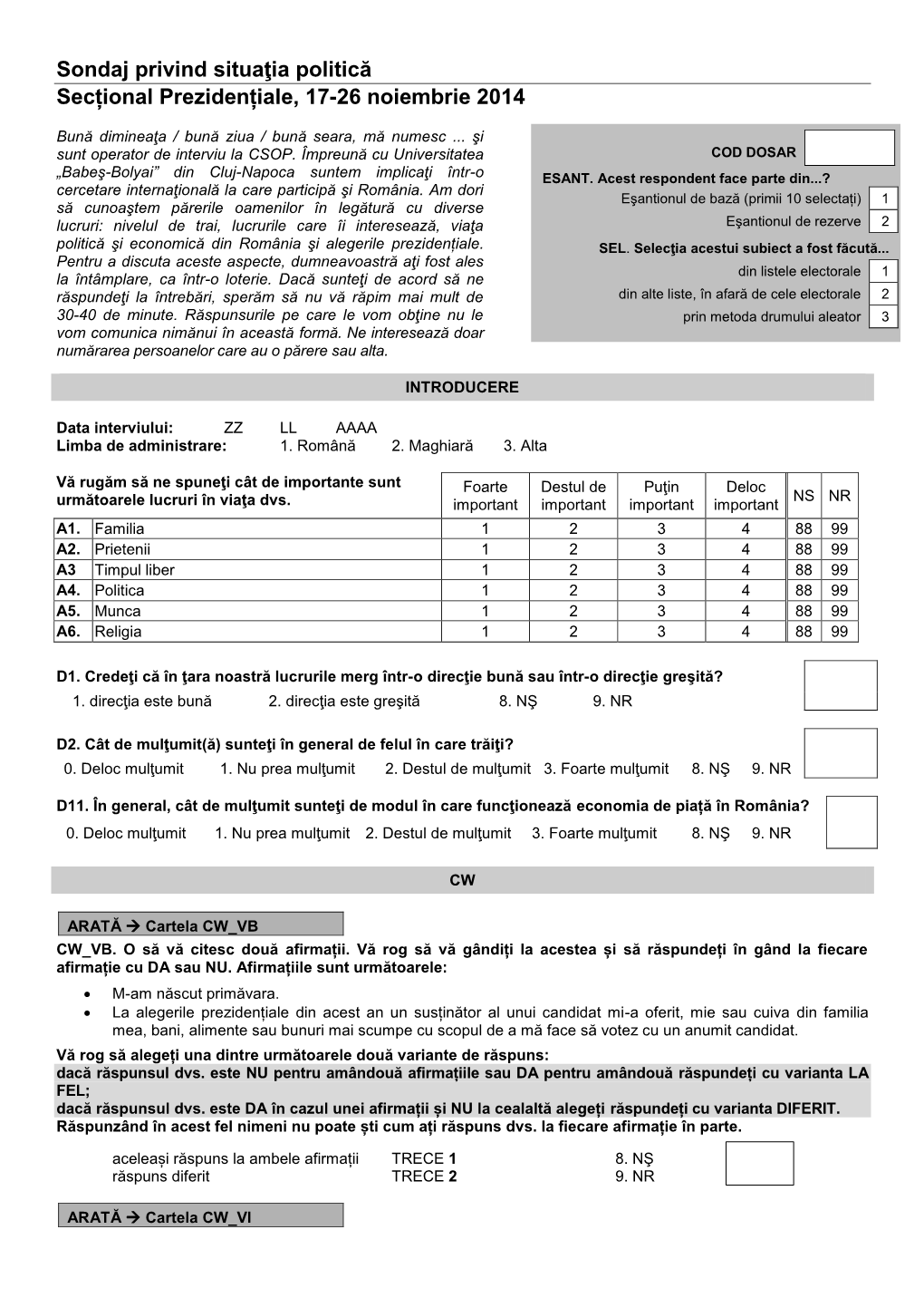 Sondaj Privind Situaţia Politică Secțional Prezidențiale, 17-26 Noiembrie 2014