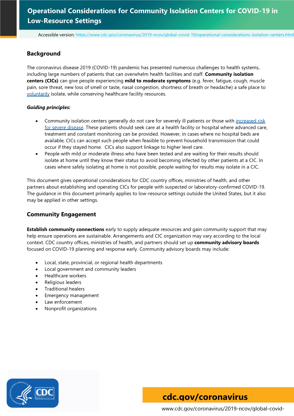 Operational Considerations for Community Isolation Centers for COVID-19 in Low-Resource Settings